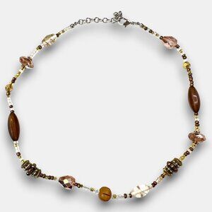 Beaded Necklace With Brown & Gold Glass Beads Adjustable Chain 18-20 Inches